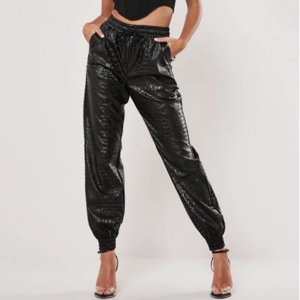 Missguided Faux Leather Croc Textured Joggers‎ in Black, Size 4